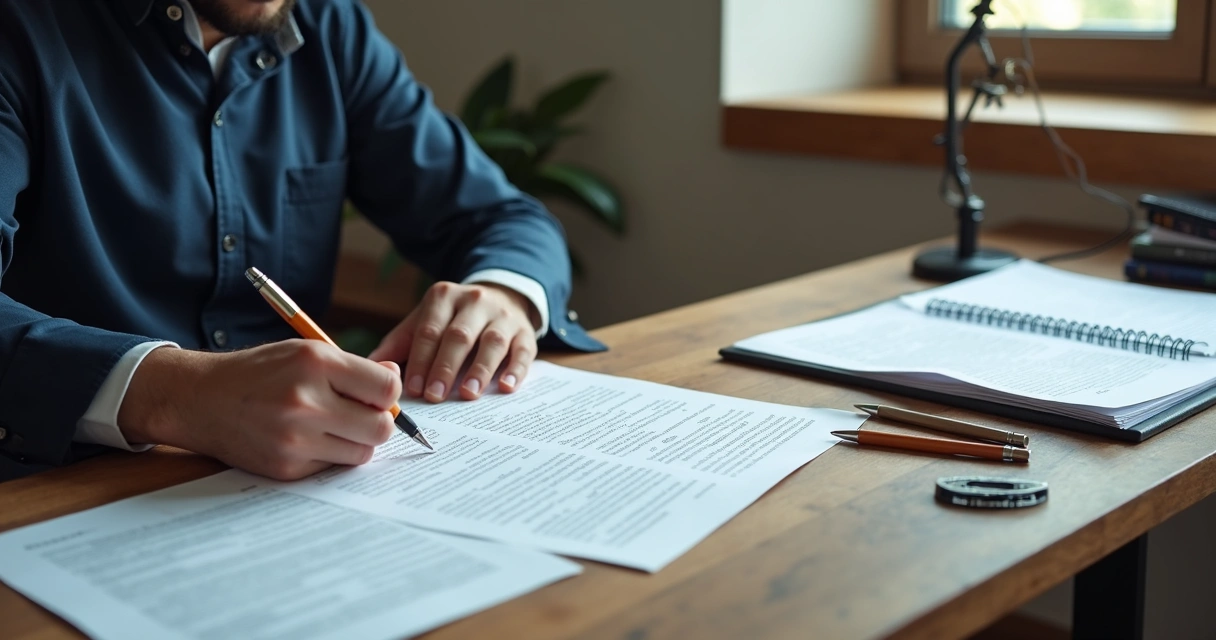 Tradutor revisando documento jurídico original e tradução lado a lado na mesa 