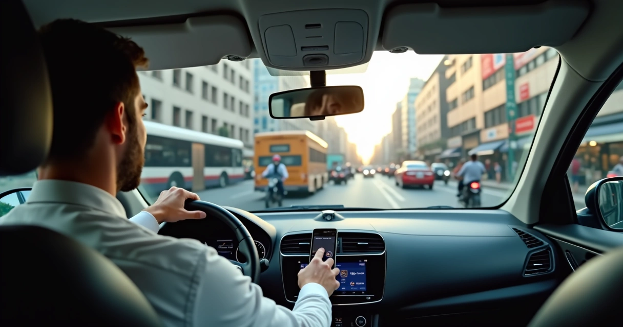 Motorista trabalhando com veículo no trânsito intenso 