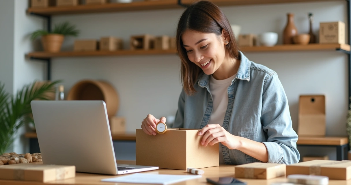 Pessoa embalando produtos em casa para envio 