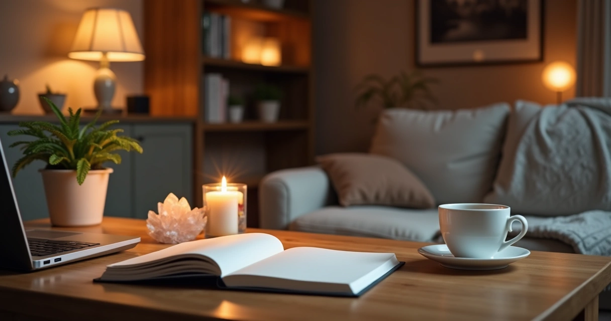 Mesa de trabalho organizada com objetos pessoais e vela acesa para simbolizar equilíbrio energético 