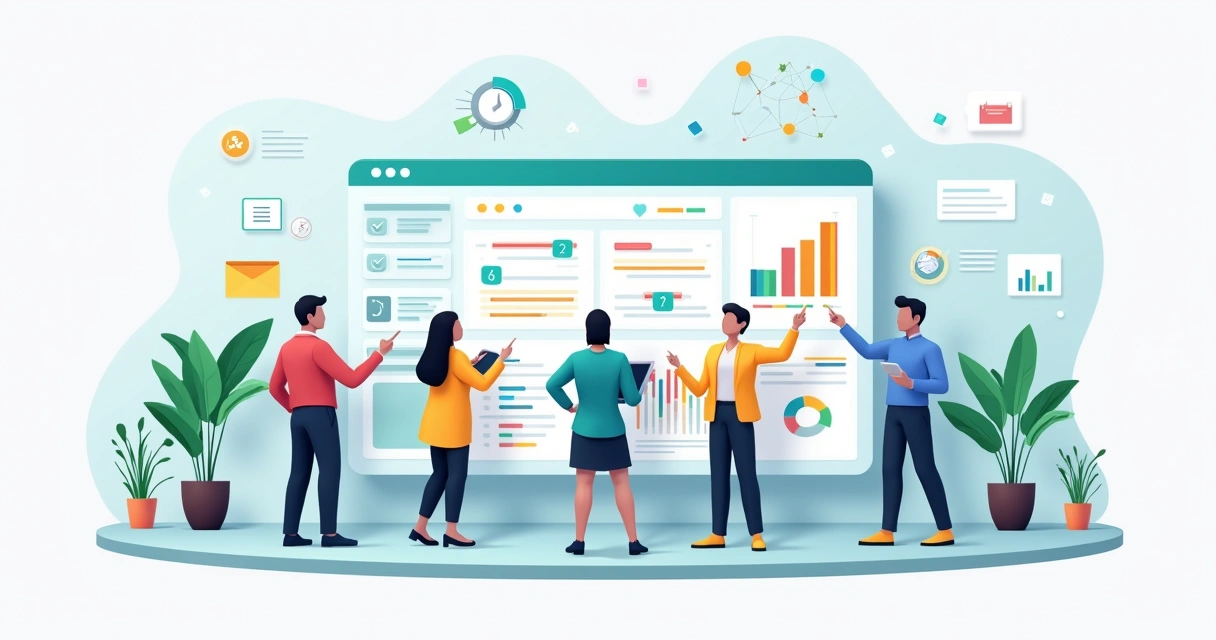 Equipe colaborando ao redor de painel digital com tarefas visíveis 