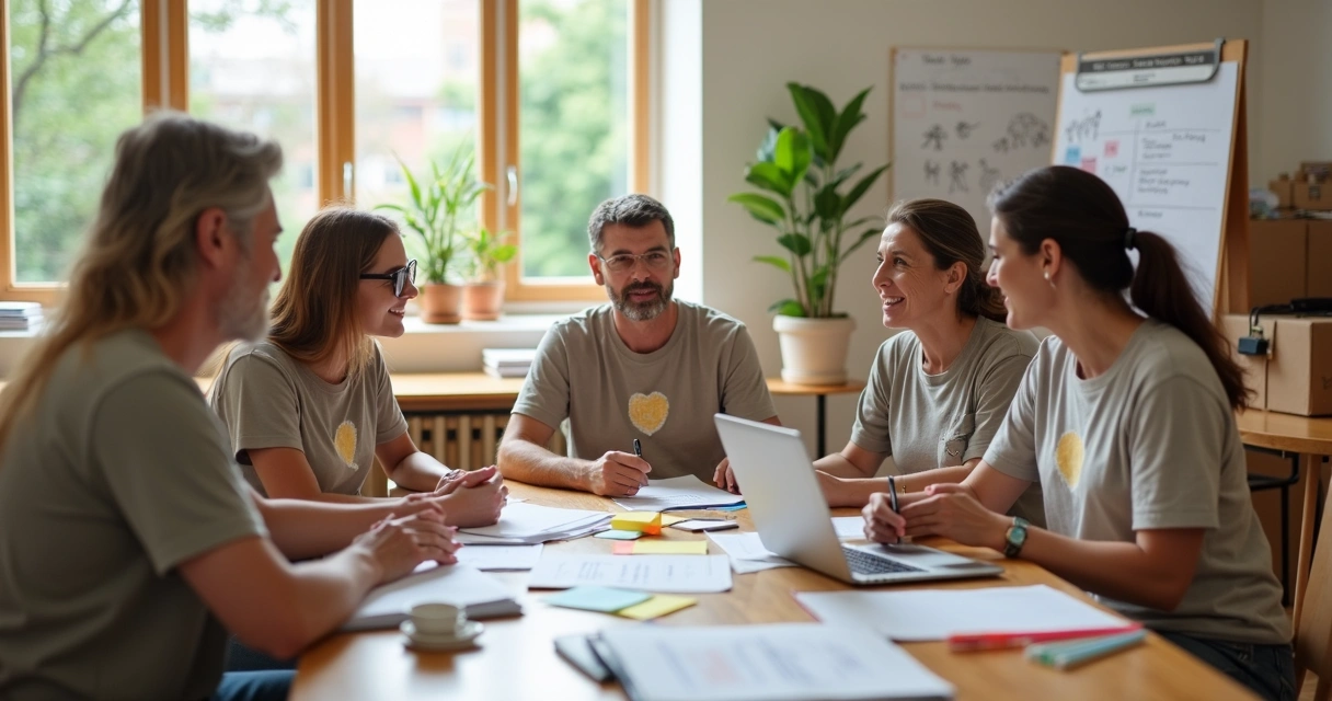 Grupo diverso de voluntários colaborando em projeto social comunitário 