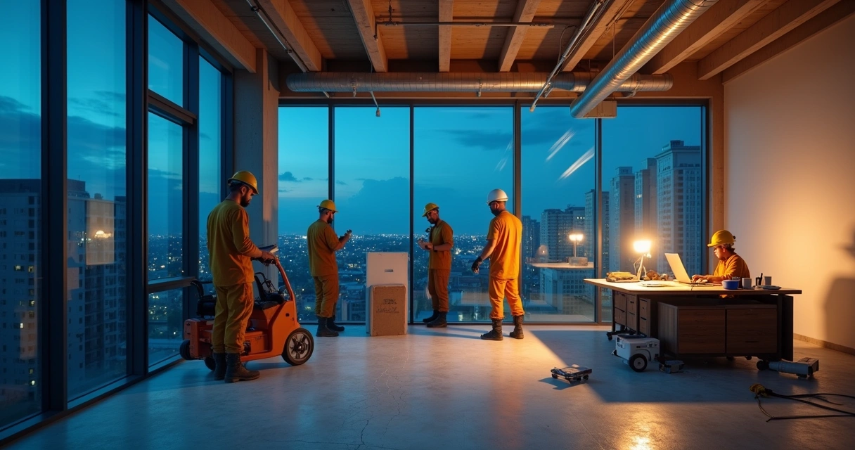 Trabalhadores de construção reformando um escritório à noite, com foco e organização, em um ambiente produtivo.