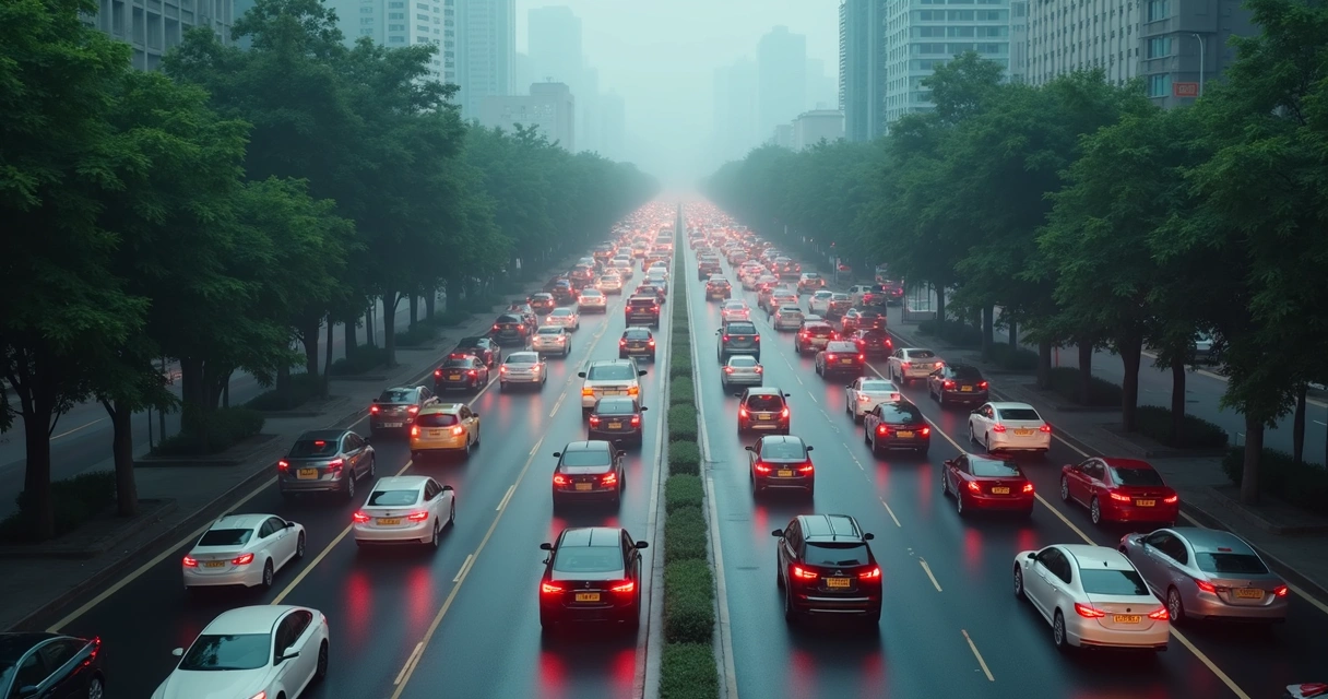 Fluxo de carros e poluição visível no ar da cidade