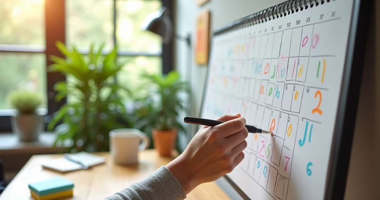 Hand marking a calendar with colorful symbols to track habit changes 