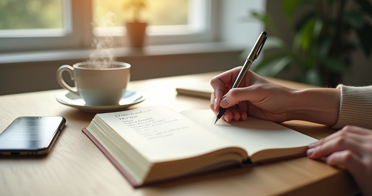 Person journaling self-awareness micro-moments by a window with soft morning light 