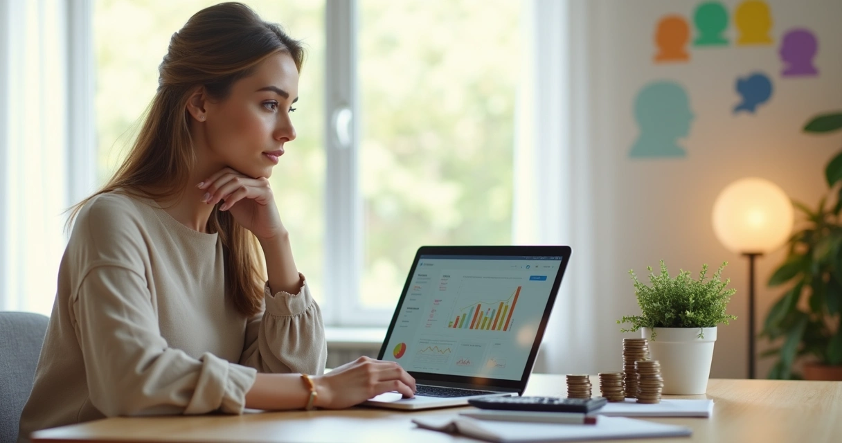 Mulher avaliando escolhas financeiras com silhuetas de perfis ao fundo 