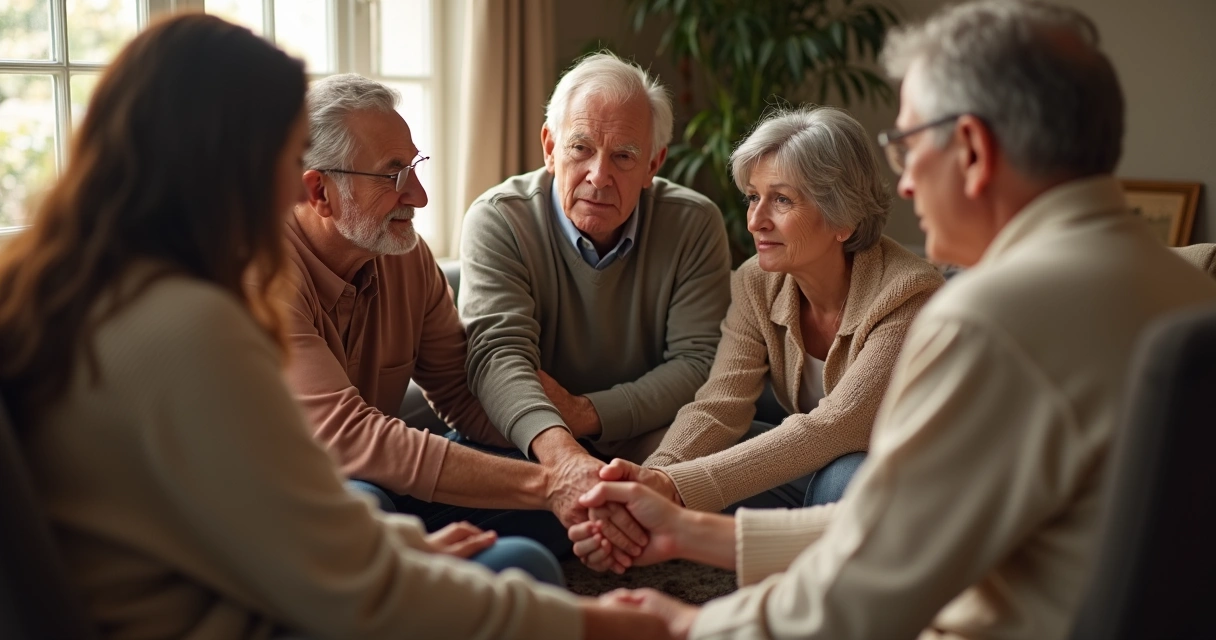 Família em círculo de mãos dadas, diferentes gerações, expressão séria, luz suave