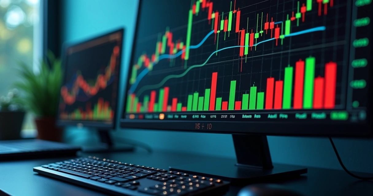 Tela de computador exibindo gráficos financeiros e indicadores de mercado digital com fundo escuro 