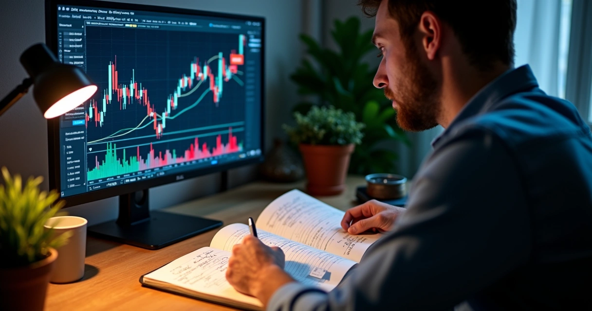 Trader reviewing charts on screen and handwritten journal notes at night 