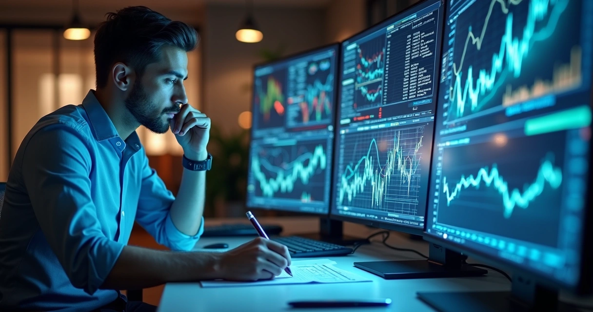 Side-by-side comparison of a trader at desk analyzing charts and an AI interface processing financial data 