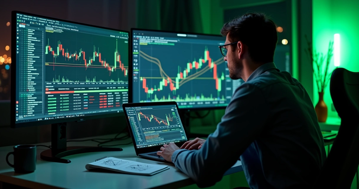 Trader ajustando algoritmo em laptop com gráficos de criptomoedas 