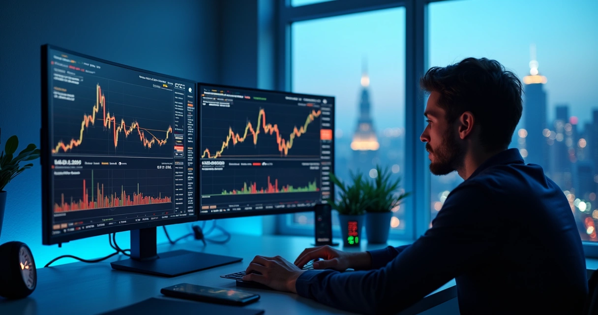 Trader ajustando configurações avançadas em bot de trading de criptomoedas na tela do computador 