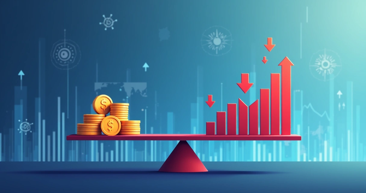 Ilustração de uma balança com moeda e gráficos em lados opostos, sugerindo equilíbrio entre lucro e risco