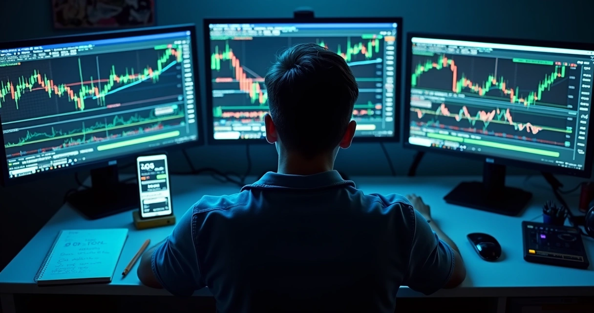 Pessoa observando indicadores de trading em múltiplos monitores 