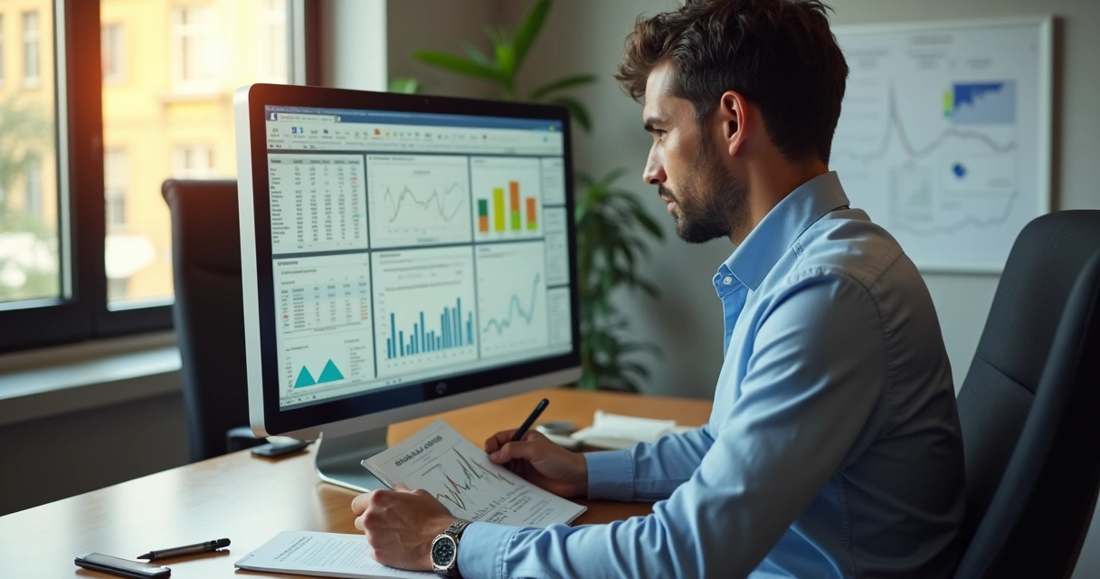 Homem analisa diário de operações no mercado financeiro 