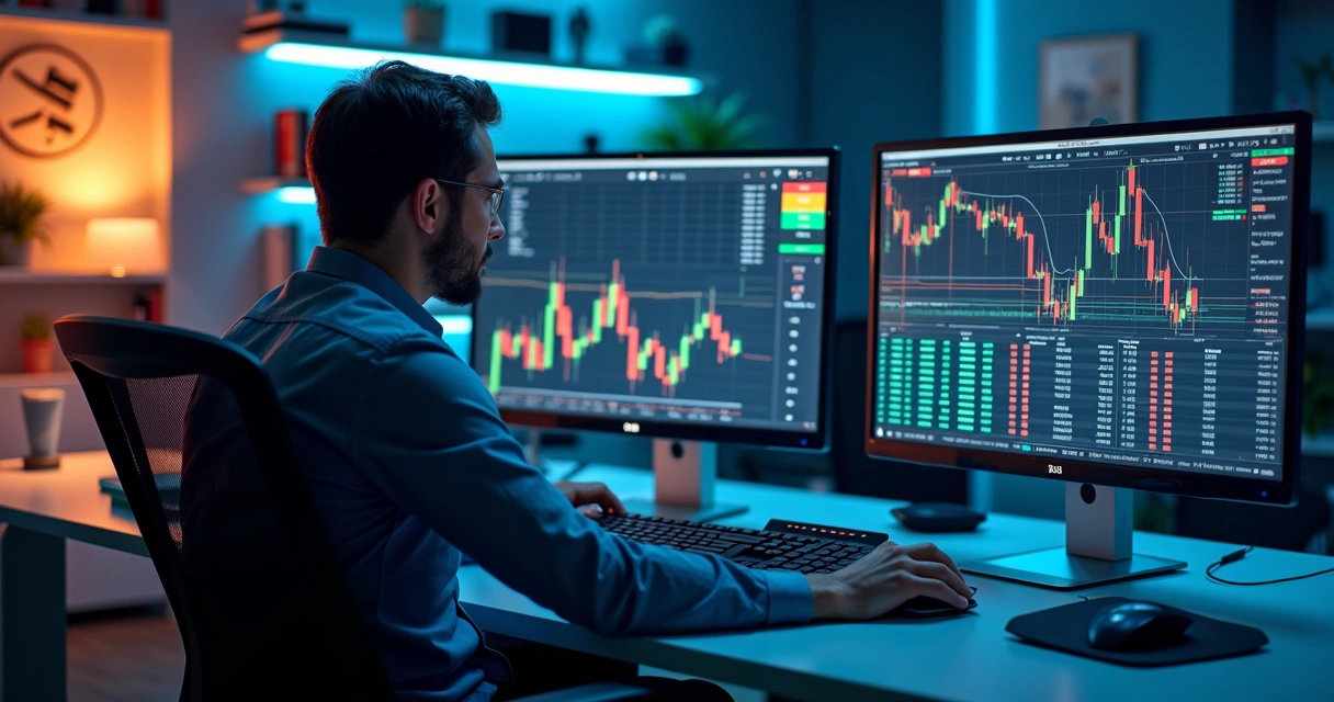 Trader analisando múltiplas telas com gráficos financeiros de criptomoedas e cotações em um escritório moderno 