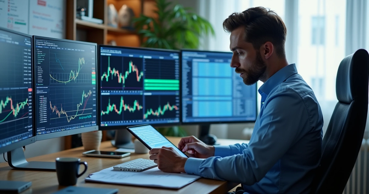 Trader analisando gráficos e planos de trading em múltiplas telas com foco e organização 