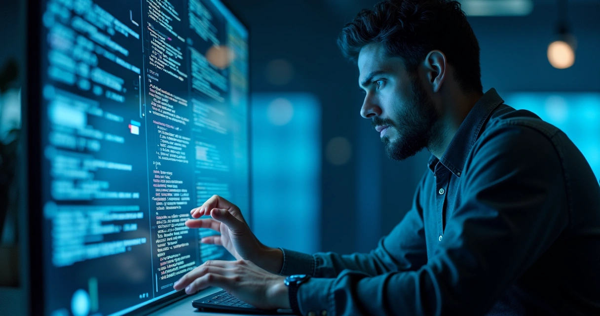 Trader analisando a transparência de um robô de trading em painel digital 