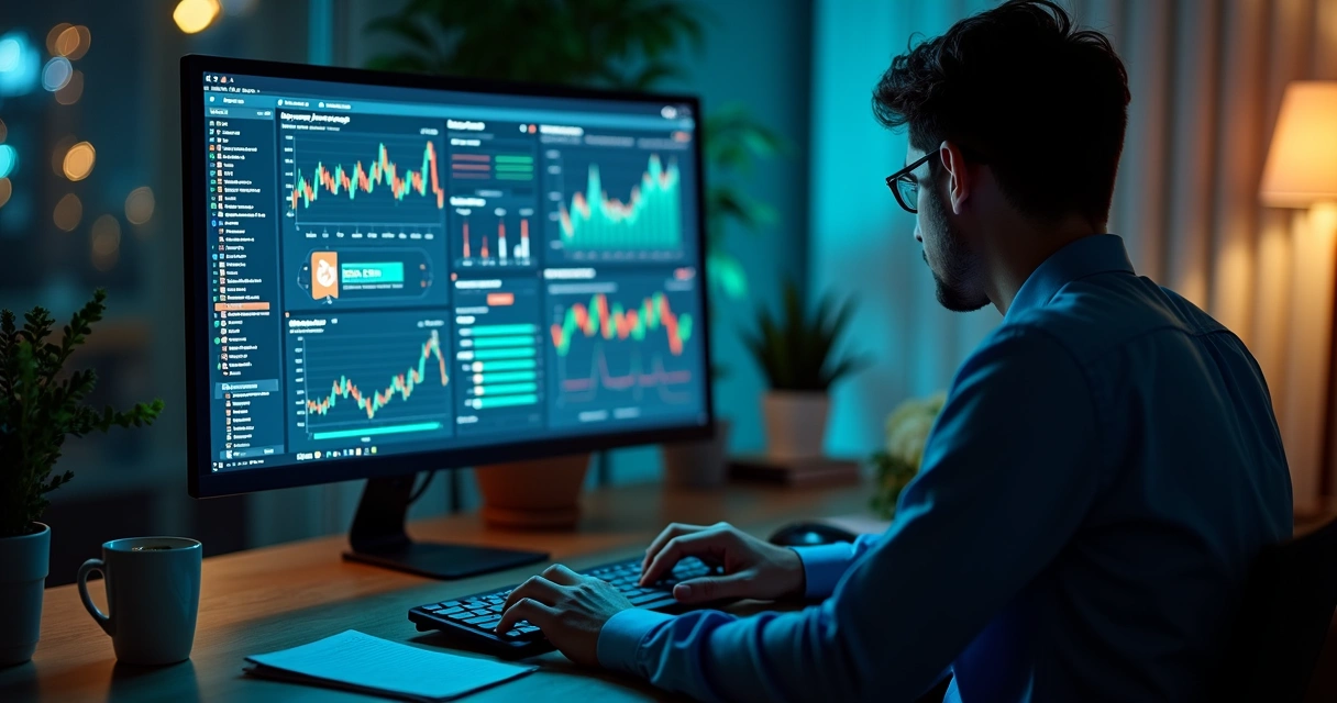 Pessoa analisando gráficos de bots de criptomoedas na tela do computador 