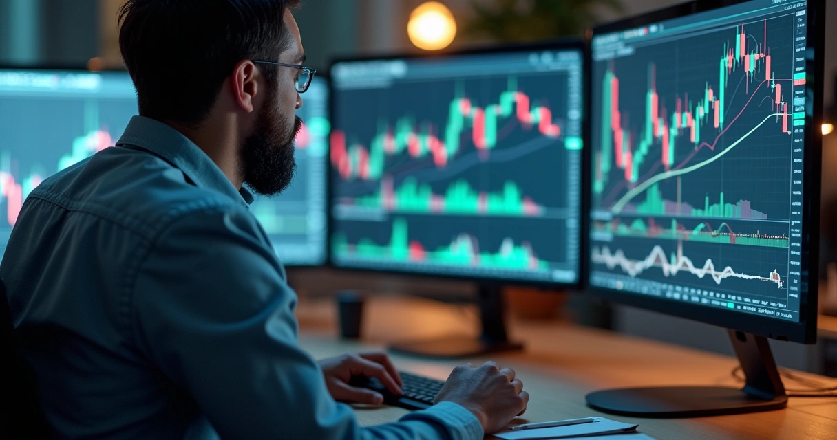 Trader analisando múltiplos gráficos de forex em telas com gráficos e indicadores financeiros detalhados 