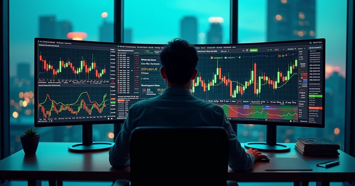 Trader analisando gráficos de derivativos com vários indicadores técnicos na tela 