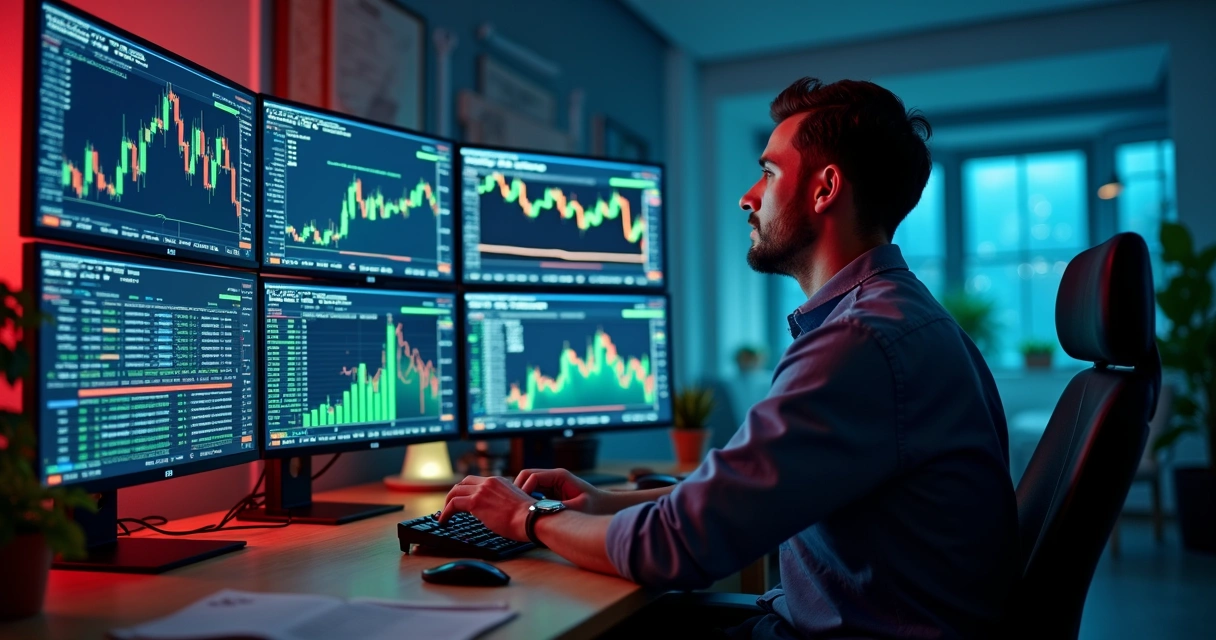 Um trader observando gráficos matemáticos em várias telas 