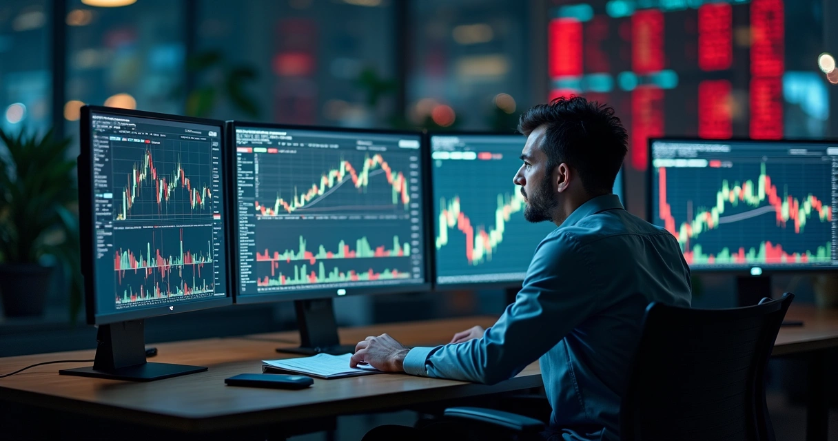 Trader olhando para múltiplas telas de computador com gráficos financeiros complexos e indicadores de mercado 