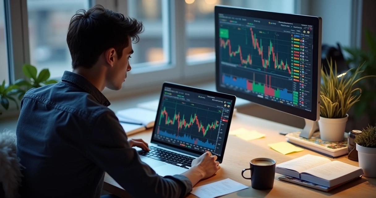 Homem analisando gráficos financeiros em notebook 