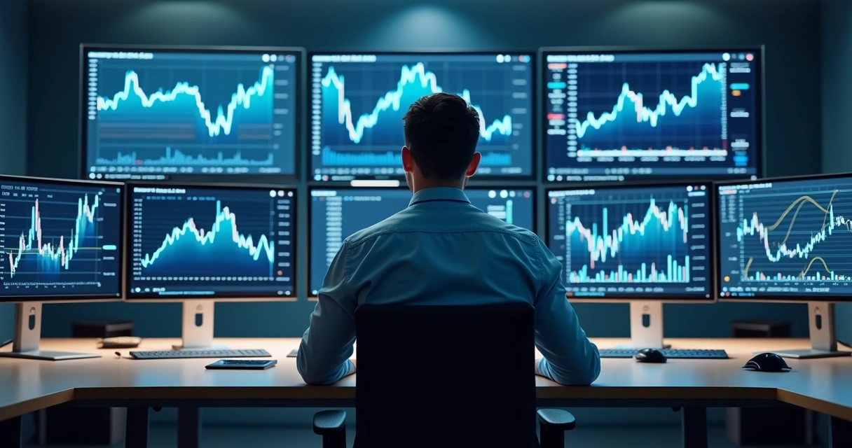 Pessoa observando múltiplos monitores de trading 