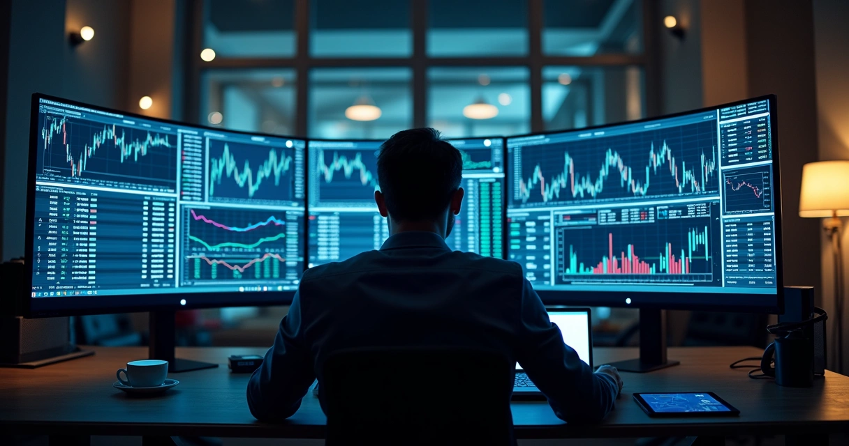 Trader analisando gráficos em plataforma digital de trading 
