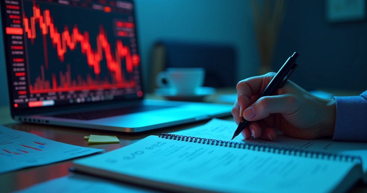 Trader reviewing losses and making notes on a notebook at desk 