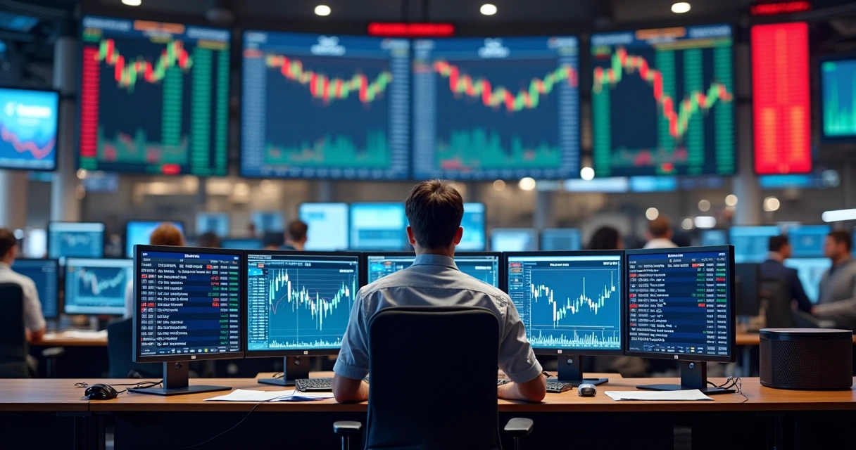 Trader at desk analyzing financial market charts showing liquidity levels, with busy trading floor in the background