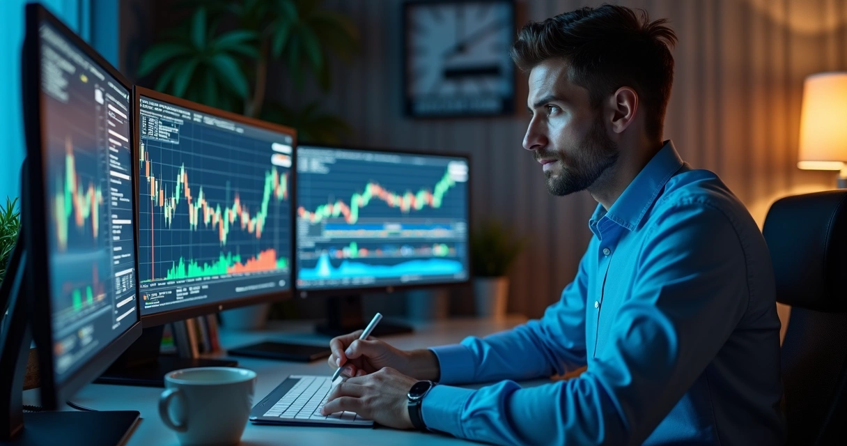 Trader focado frente a múltiplos monitores com gráficos, ambiente iluminado e organizado 