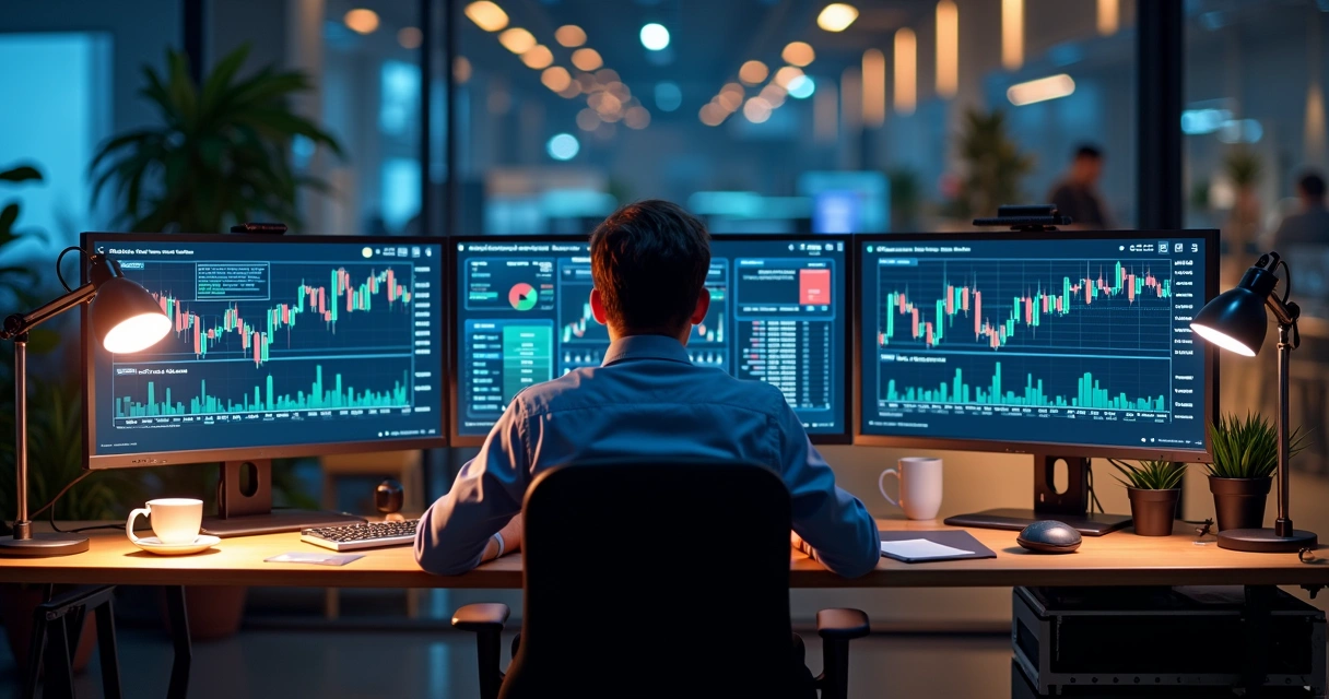 Trader atualizando constantemente sua estratégia olhando para telas com gráficos 