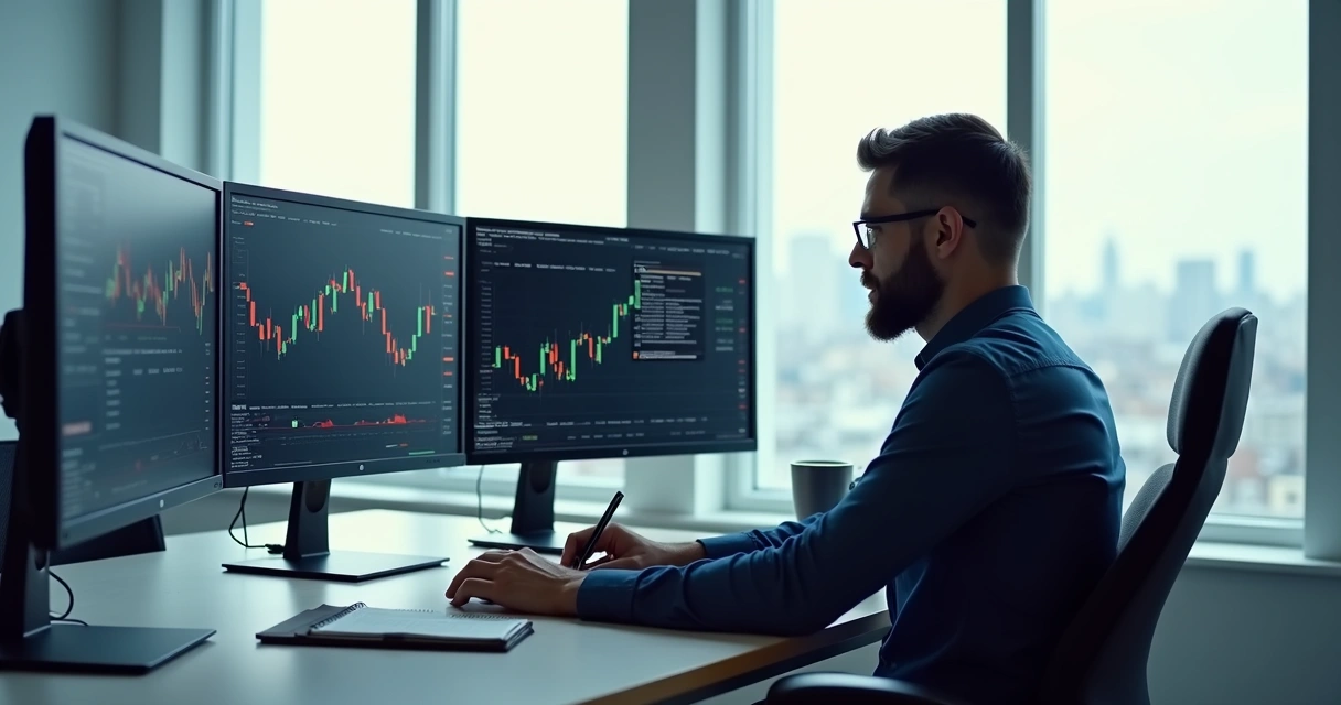 A person sitting at a trading desk, monitoring multiple screens with financial charts and numbers.