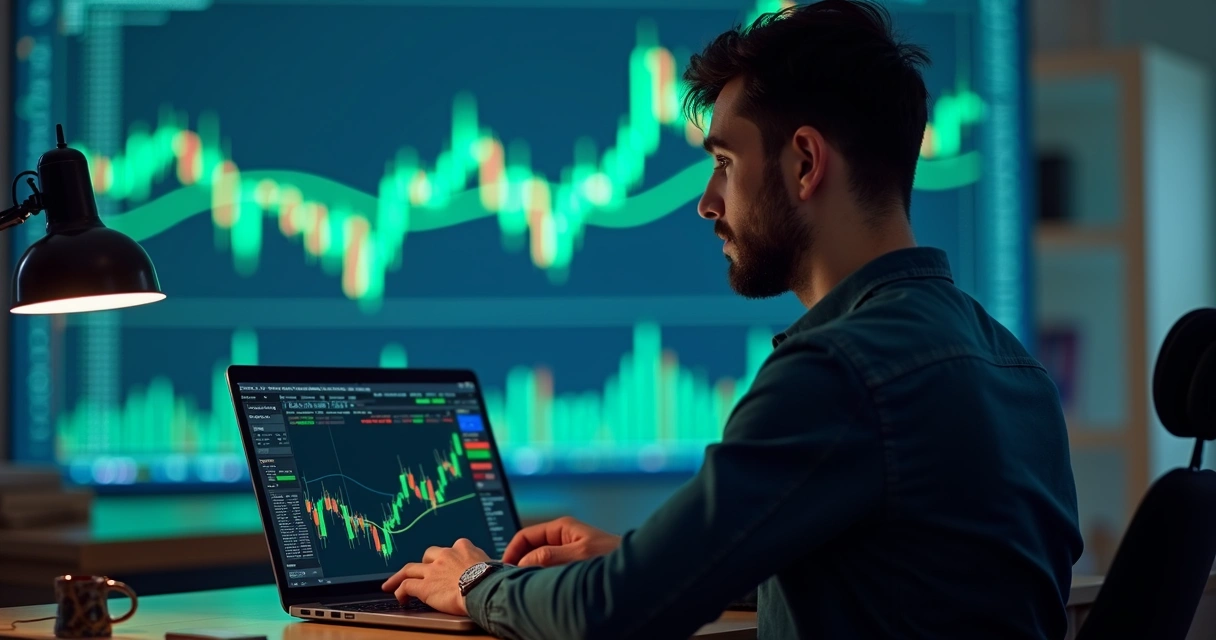 Pessoa configurando bot de trading em notebook com gráficos ao fundo 