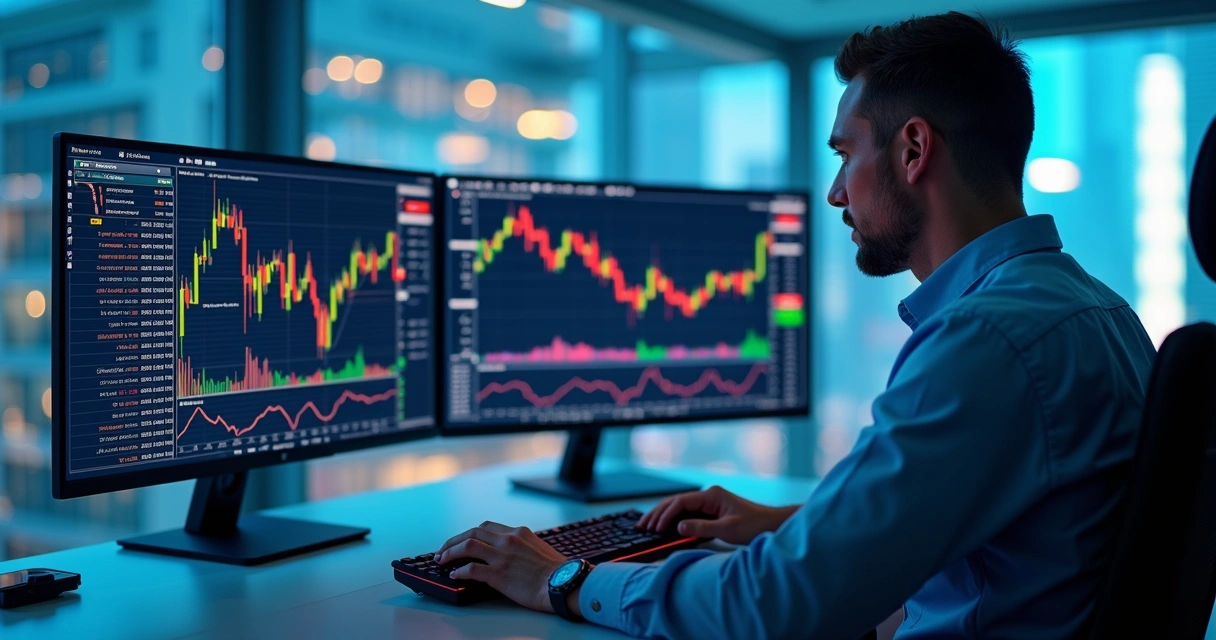 Trader usando três monitores com gráficos financeiros e códigos de algoritmos de trading 