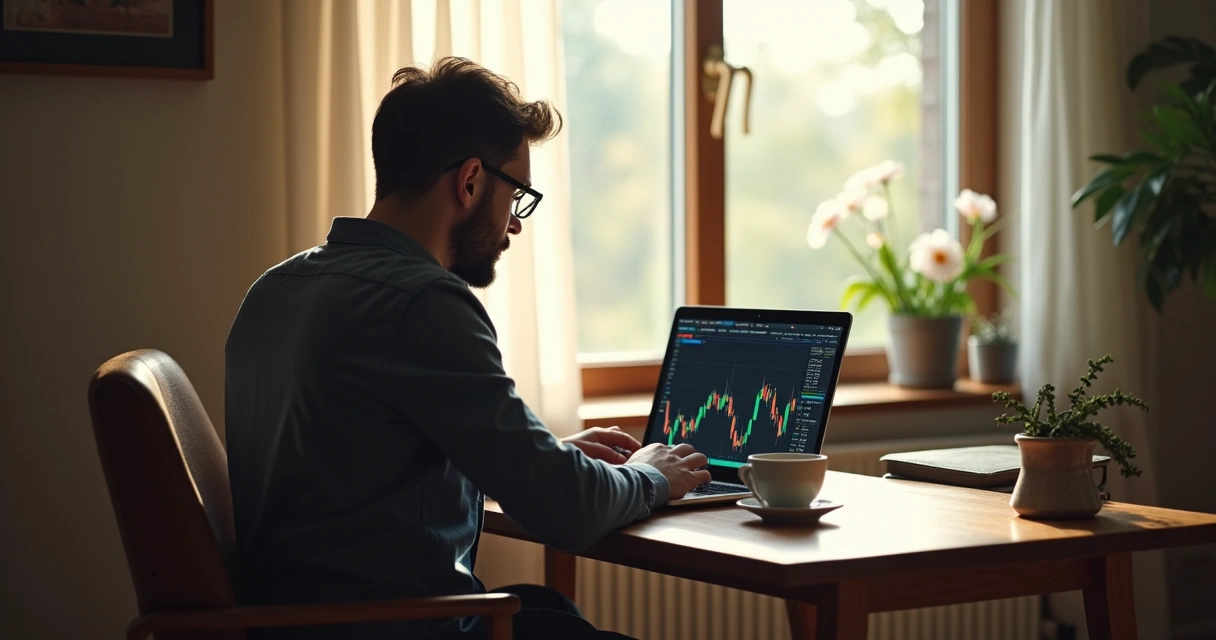 Trader autônomo com notebook na mesa de casa 