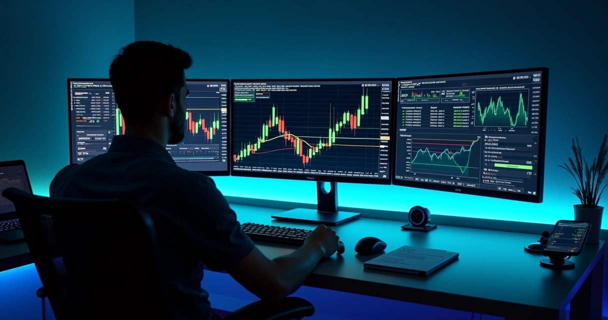 Trader analisando backtest em tempo real em múltiplos monitores 