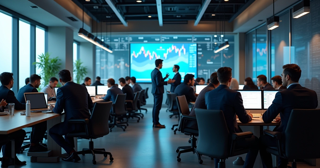 Traders at a professional networking event with financial screens