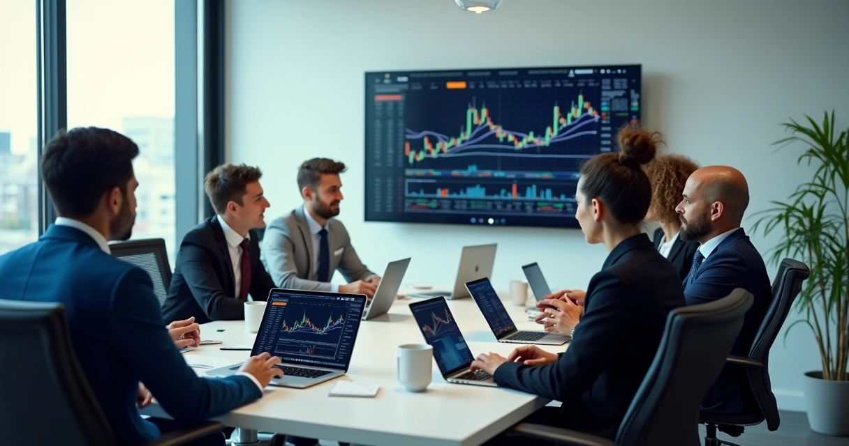 Group of traders in a modern office setting having a discussion.
