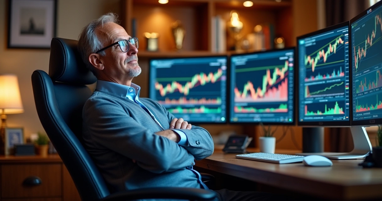 Trader olhando várias telas com gráficos e expressão confiante 