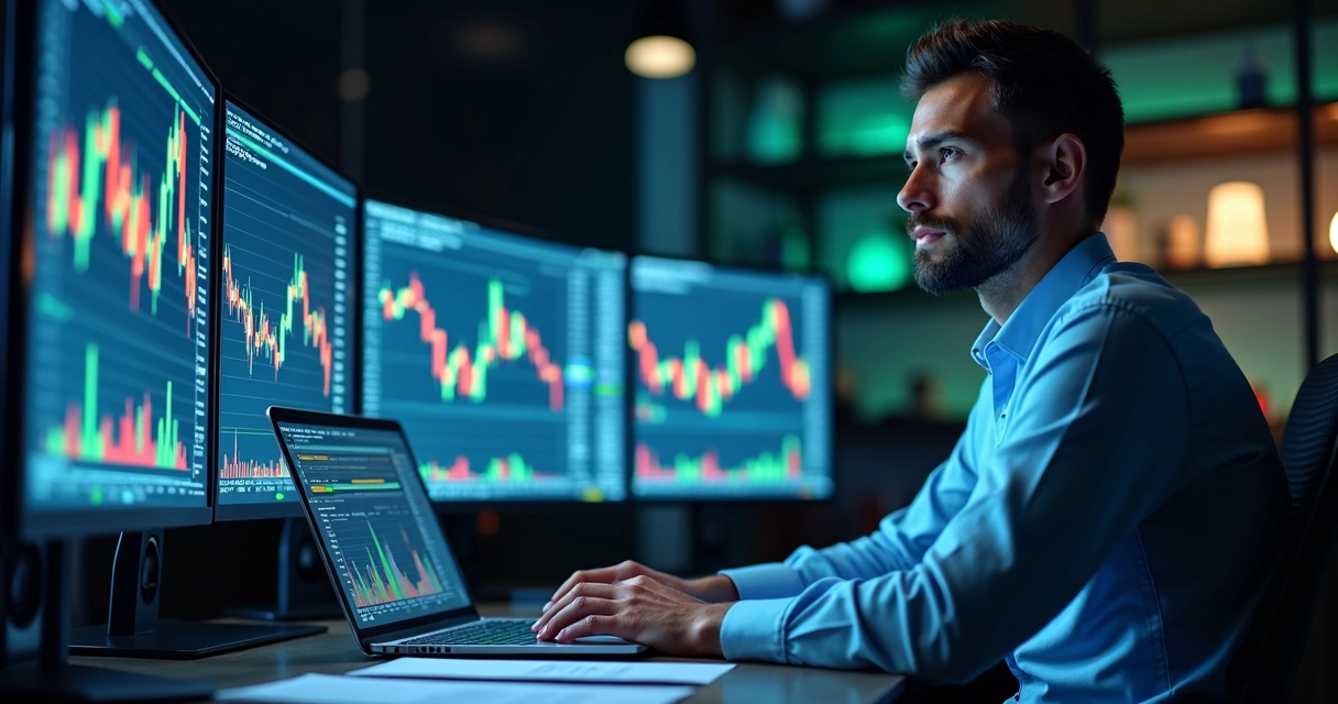 Trader experiente analisando gráficos financeiros em múltiplas telas com expressão confiante 