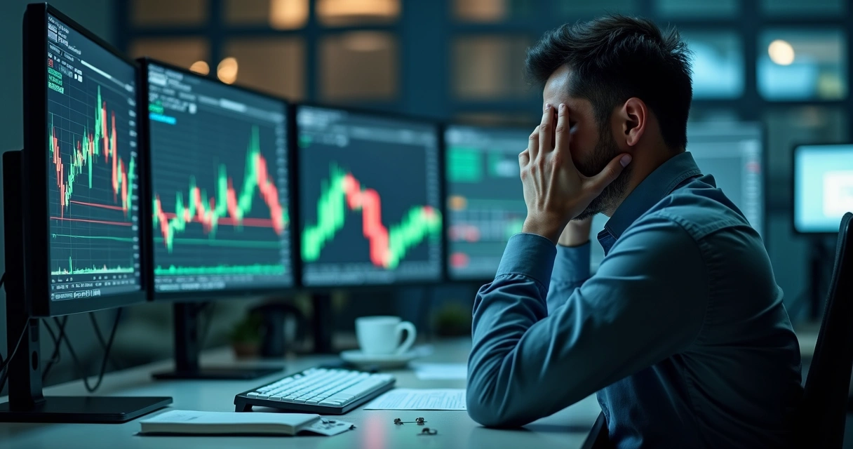 Trader sentado em frente a múltiplas telas mostrando gráficos financeiros, com expressão de dúvida e estresse 
