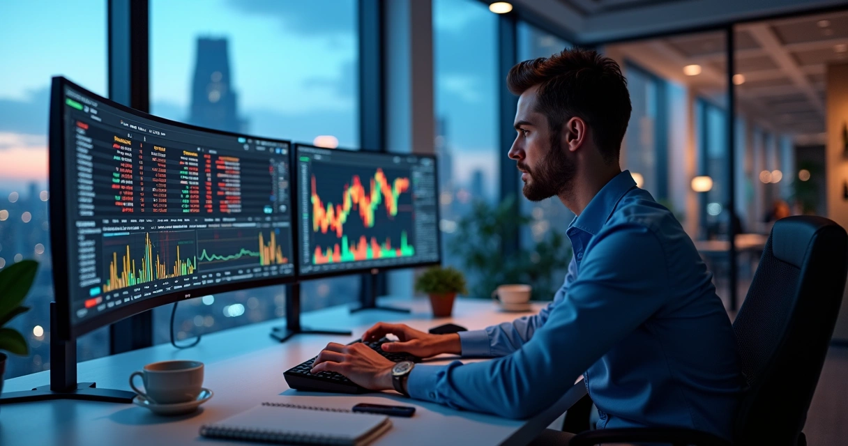 Trader experiente usando múltiplos monitores com gráficos financeiros e robôs de algotrading automatizados na tela 