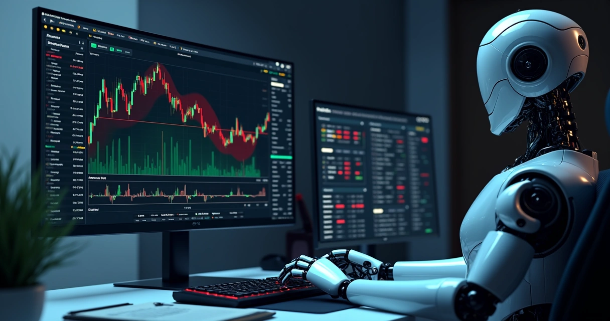 Painel de trading de criptomoedas com gráficos em queda e robô ajustando risco 