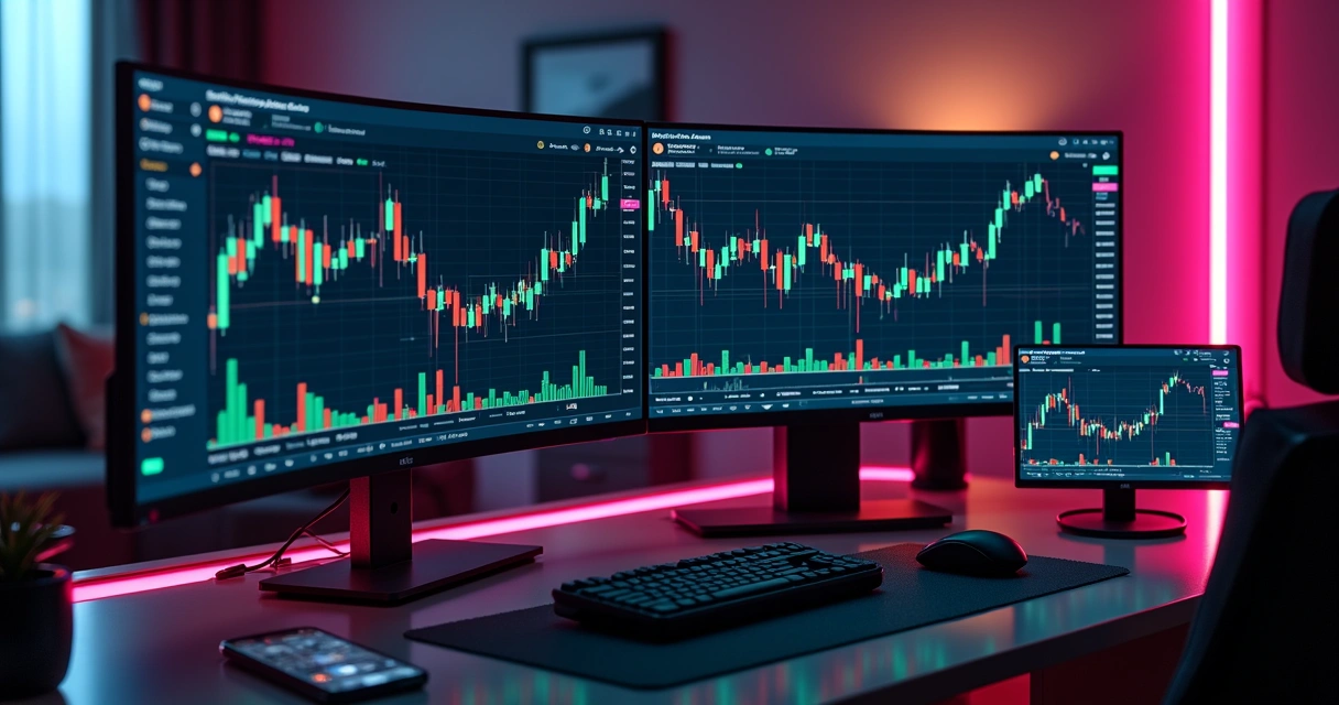 Tela de computador com gráficos de criptomoedas voláteis em ambiente de trading moderno 