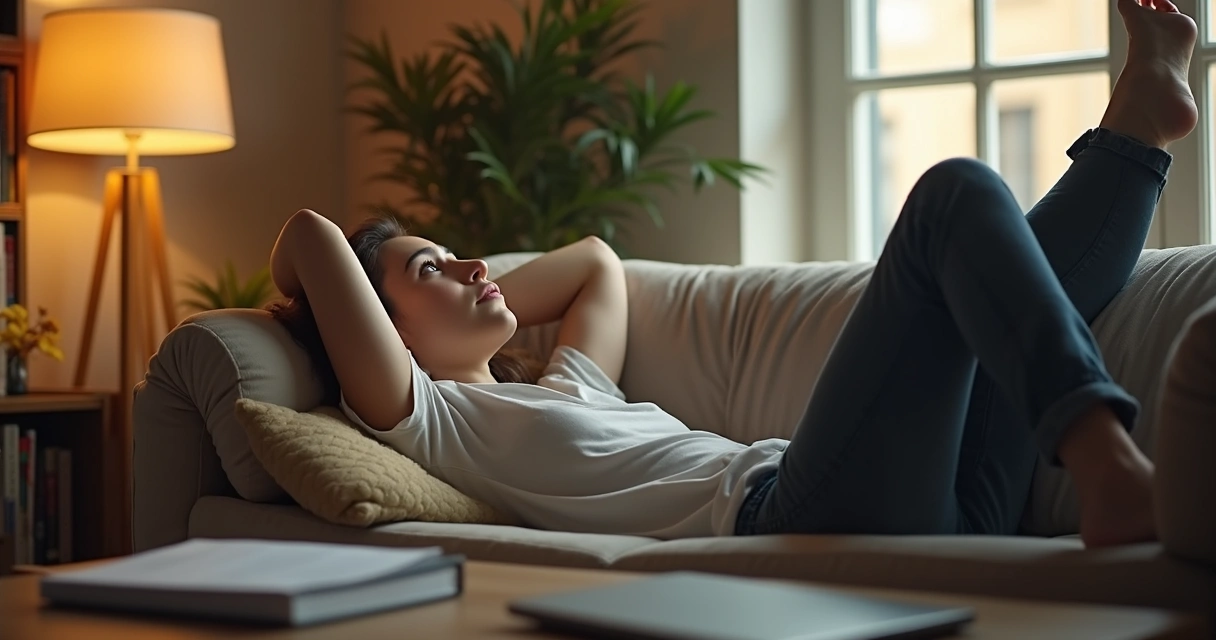 Pessoa deitada em um sofá olhando para o teto, relaxando após uma perda financeira 