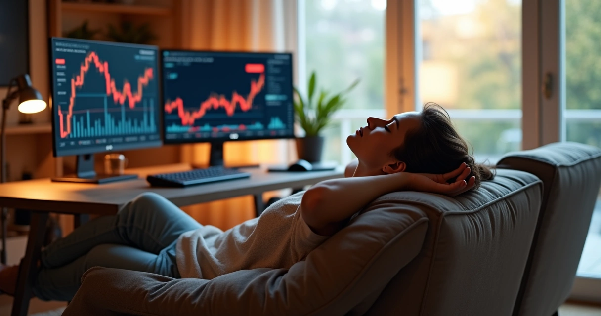Trader descansando enquanto robôs operam no computador 